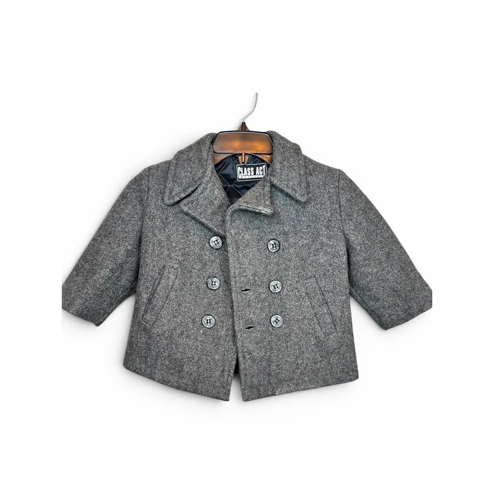 Class Act Double Breasted Pea Coat Boys 2T Gray Wool Blend Anchor Buttons